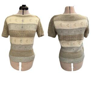 Vintage Kenneth Too Open Knit Short Sleeve Sweater Heather Grey Cream Khaki USA